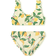 The Nolina Bikini from Molo. Yellow bikini with wavy edges and citrus print.