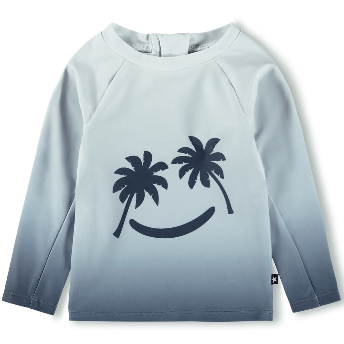 Nemo Swim Shirt from Molo with long sleeves, gradient blue color, palm tree smile print, and back zip closure