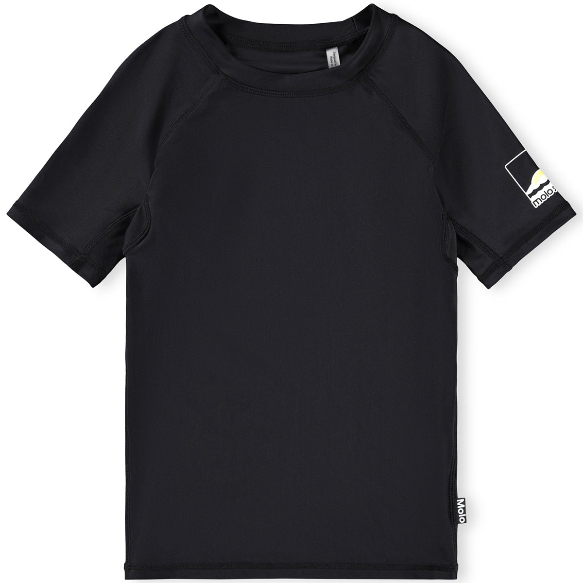 The Neptune Swim Shirt from Molo. Black swim shirt for active children with a stand-up collar and short raglan sleeves.