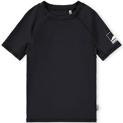 The Neptune Swim Shirt from Molo. Black swim shirt for active children with a stand-up collar and short raglan sleeves.