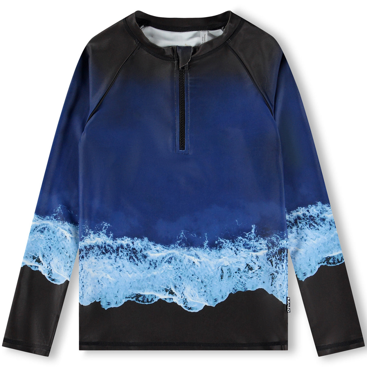 The Noble Swim Shirt from Molo in blue shades with sea print, a stand-up collar, a front zip, and long raglan sleeves.