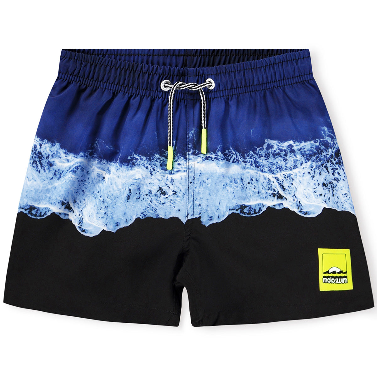 The Niko Swim Shorts from Molo. Sporty swim shorts in blue and black with ocean print.