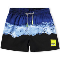 The Niko Swim Shorts from Molo. Sporty swim shorts in blue and black with ocean print.