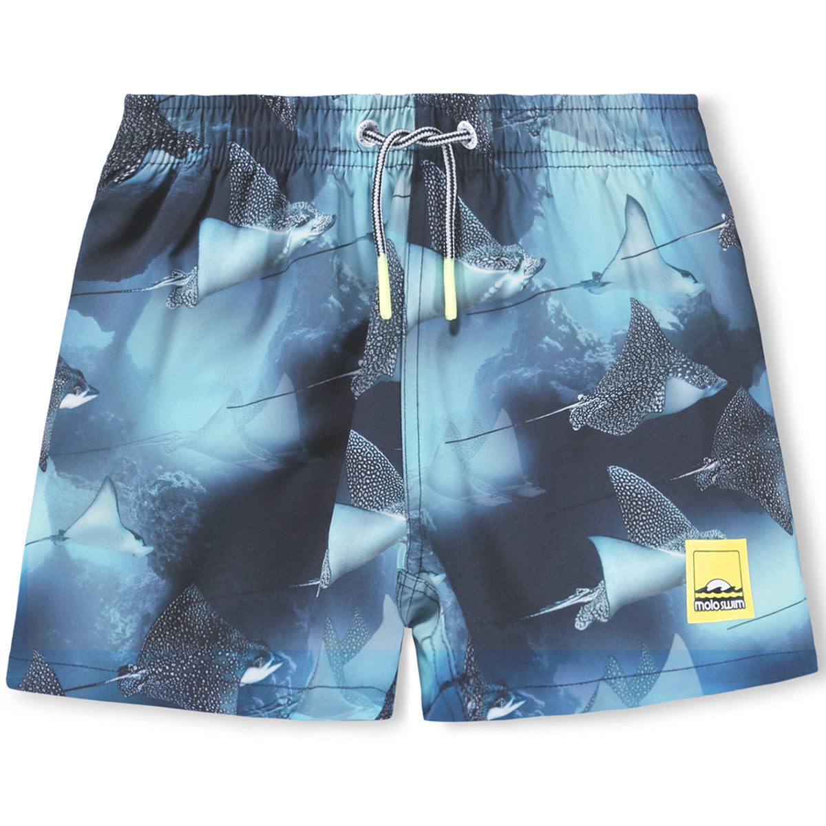 The Niko Swim Shorts from Molo. Sporty swim shorts in blue shades with underwater print.