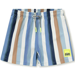 Niko Swim Shorts from Molo with blue, white and tan stripes, elastic waistband, drawstring tie, and logo patch