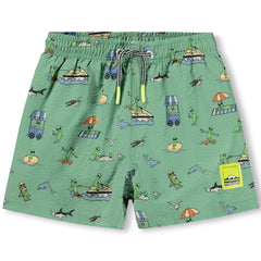 Niko Shorts from Molo with green base, elastic drawstring waist and playful alien beach print swim shorts