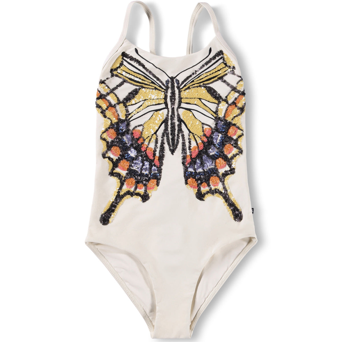The Nanna Swimsuit from Molo. White swimsuit with sequin motif.