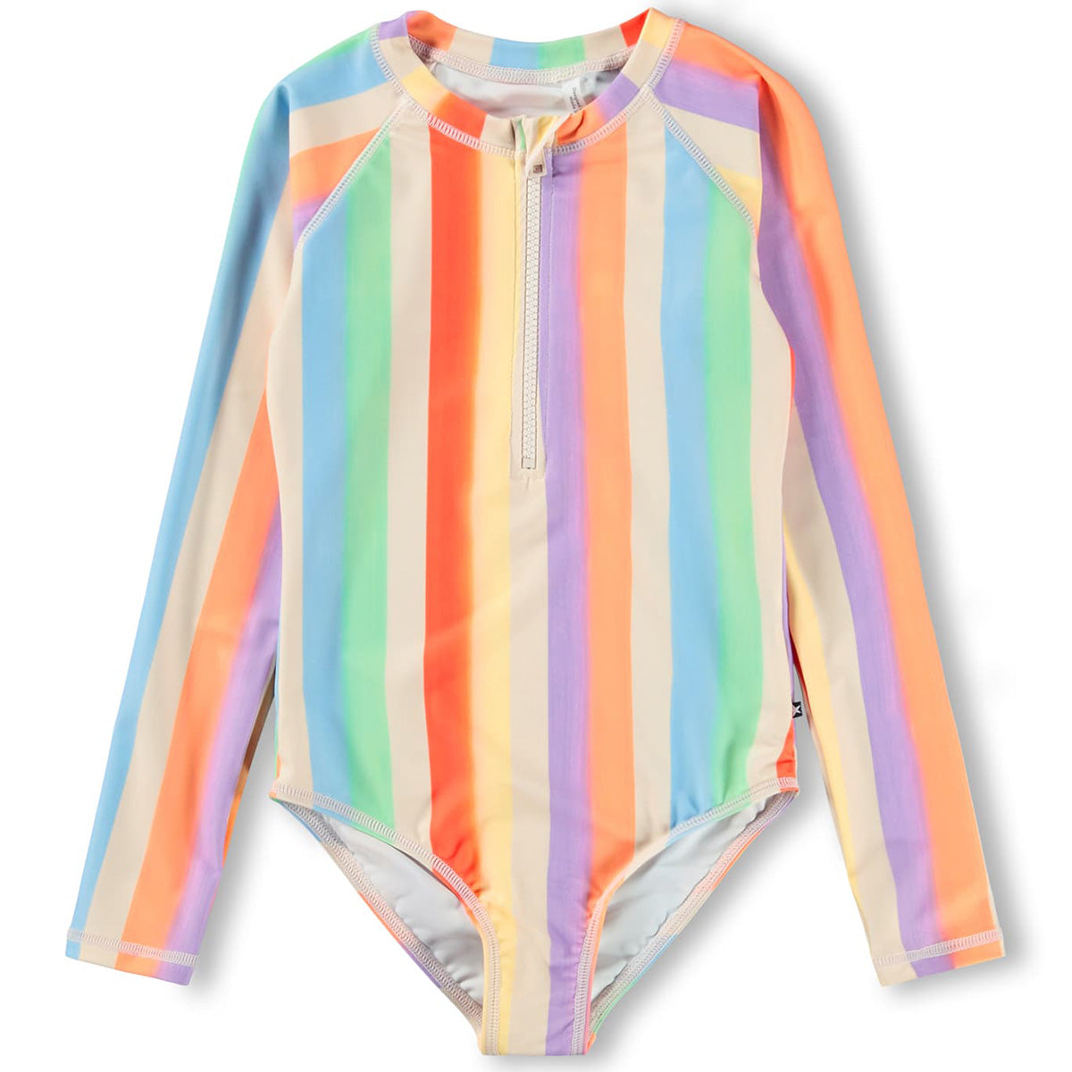 Necky Swimsuit from Molo with long sleeves, front zip and pastel rainbow vertical stripes one-piece swimwear