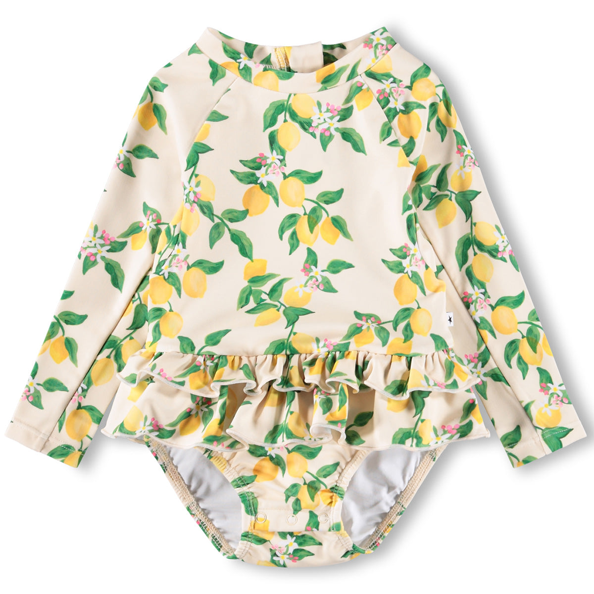 The Narice Swimsuit from Molo. Yellow swimsuit with citrus print for the little ones.