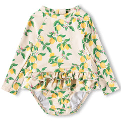 The Narice Swimsuit from Molo. Yellow swimsuit with citrus print for the little ones.