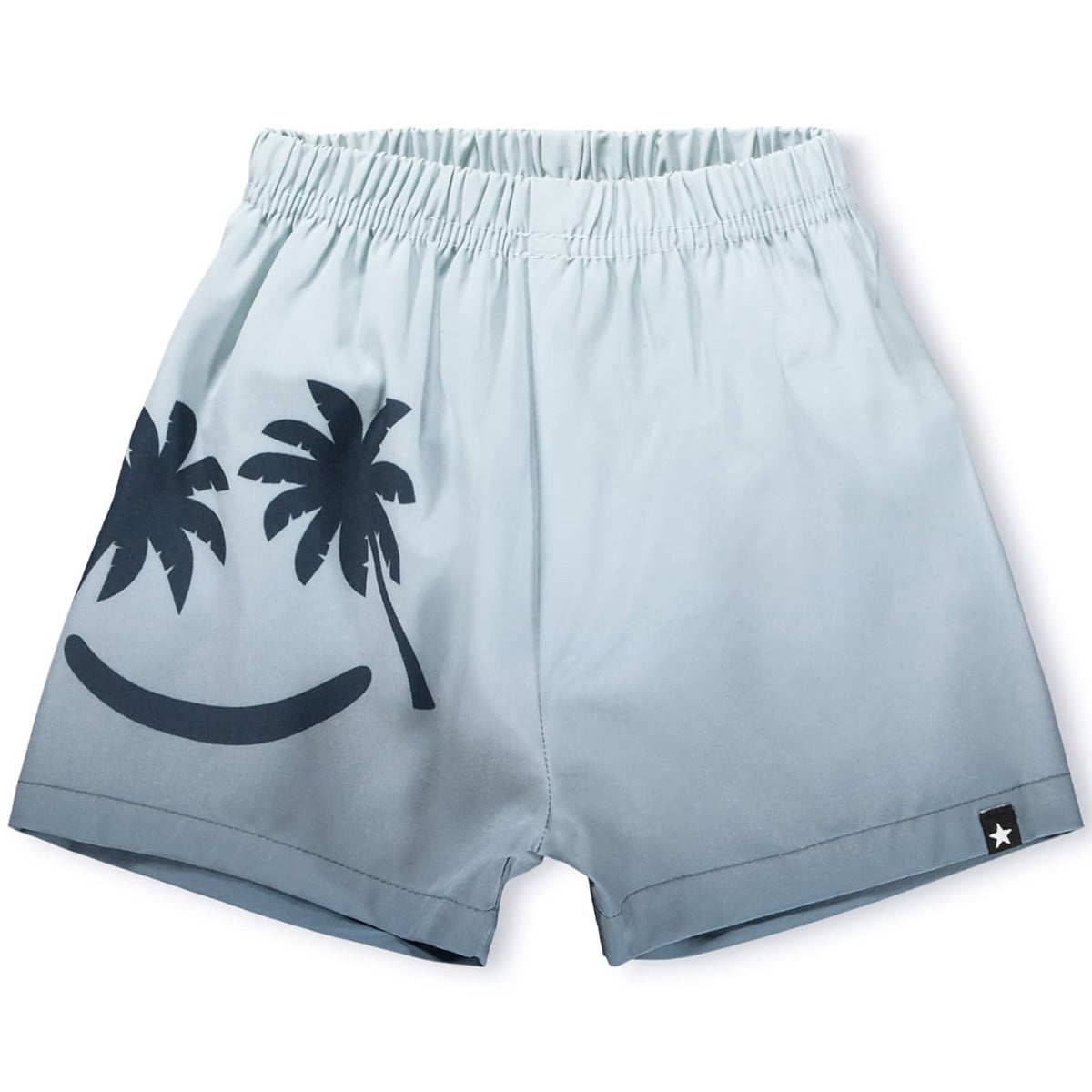 Newton Swim Shorts from Molo in soft blue with palm tree smile print and elastic waistband, designed for comfortable swimming and play
