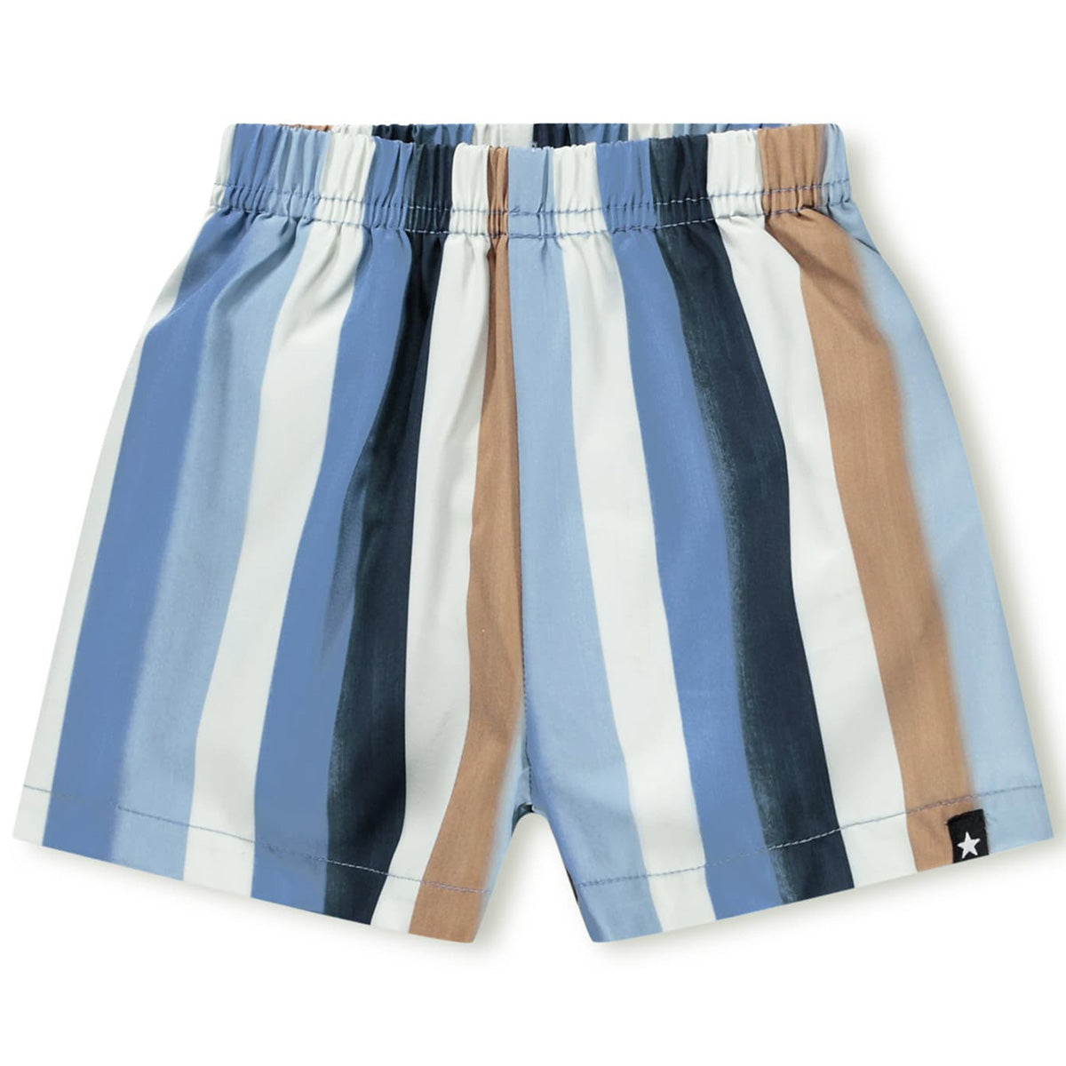 Newton Swim Shorts from Molo with blue, white and tan stripes, elastic waistband, and relaxed fit for swim and play