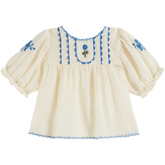 The Hand Embroidered Baby Blouse from Emile et Ida. Ecru cotton blouse. Round neckline with scallops edged.