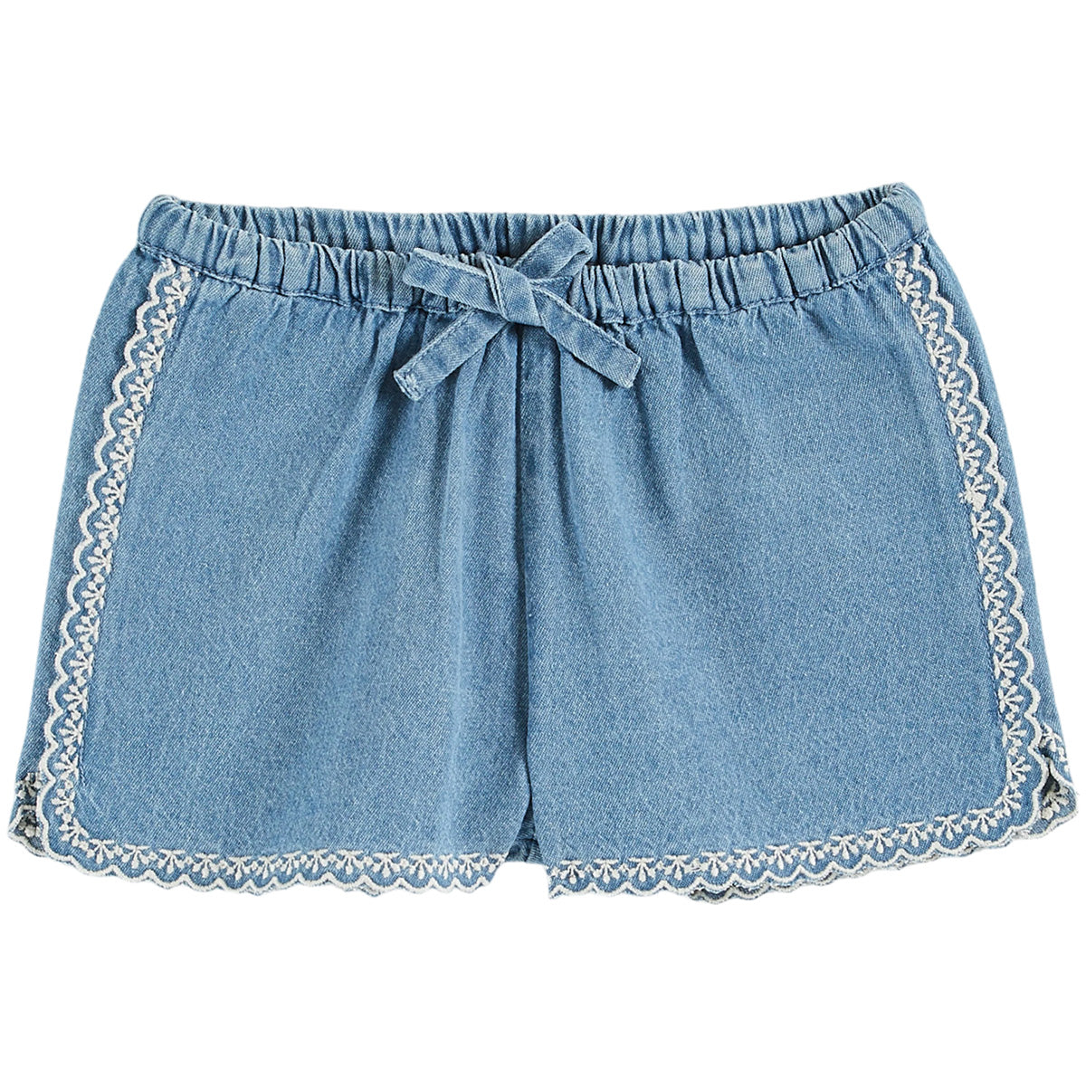 The Denim Embroidered Shorts from Emile et Ida. Light blue cotton denim shorts with embroidered cherries.