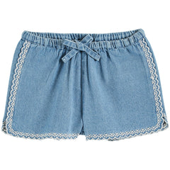 The Denim Embroidered Shorts from Emile et Ida. Light blue cotton denim shorts with embroidered cherries.