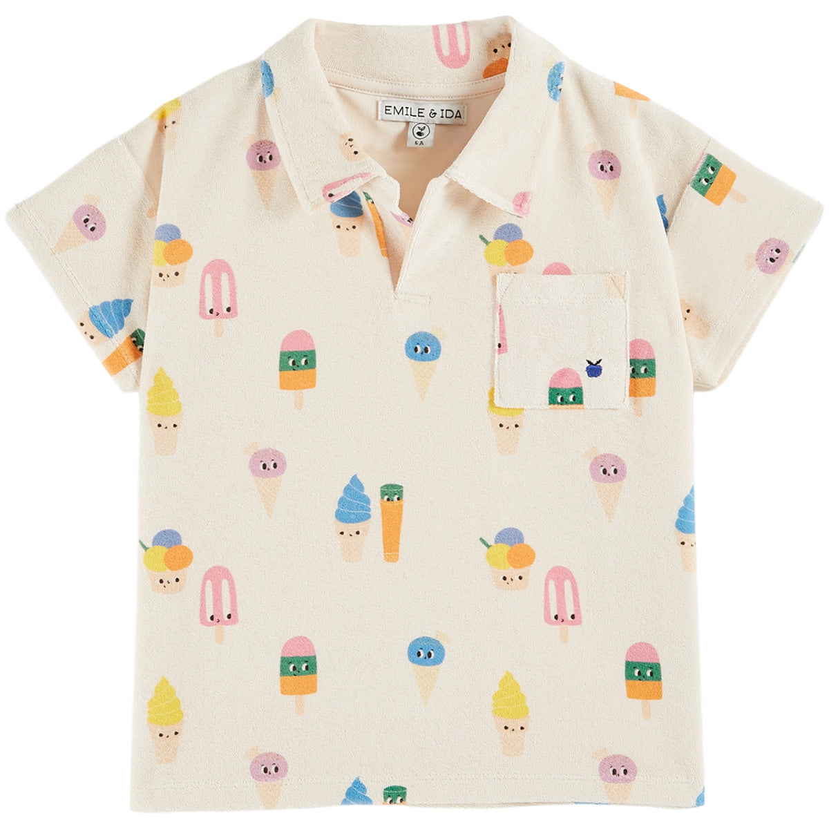 The Ice Cream Terry Polo Shirt from Emile et Ida. Off-white terry cloth polo shirt on which we've printed ice creams.