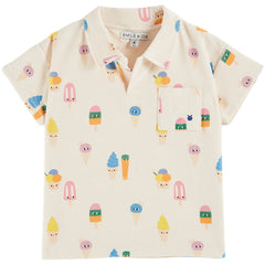 The Ice Cream Terry Polo Shirt from Emile et Ida. Off-white terry cloth polo shirt on which we've printed ice creams.