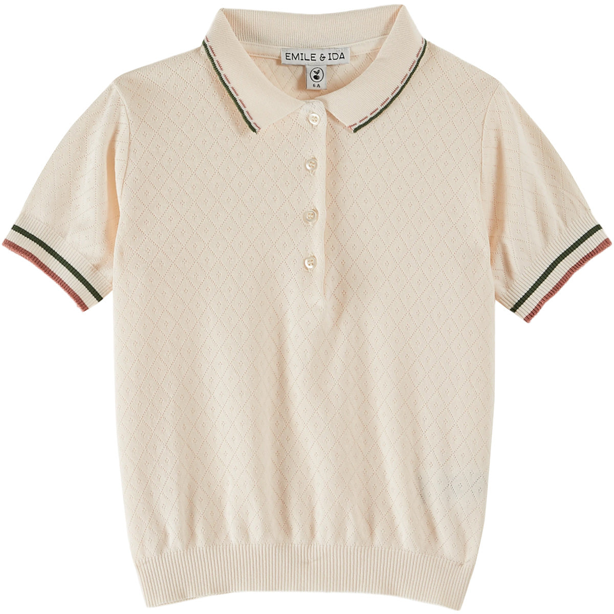 Pointelle Modal Polo by Emile et Ida. The ultra-soft fabric, pointed collar, green trim delicately highlighted with old rose.
