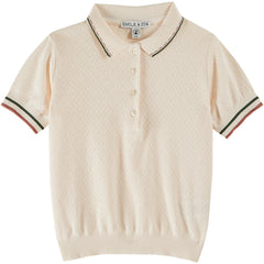 Pointelle Modal Polo by Emile et Ida. The ultra-soft fabric, pointed collar, green trim delicately highlighted with old rose.