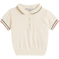 Pointelle Modal Baby Polo by Emile et Ida. The ultra-soft fabric, pointed collar, green trim delicately highlighted with old rose.