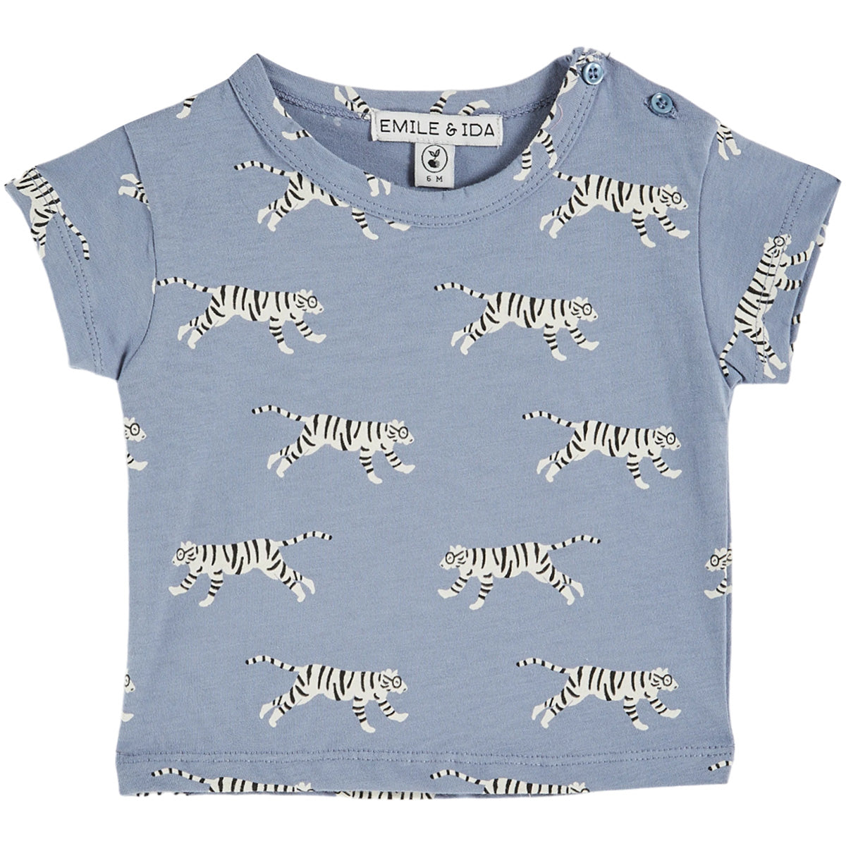Tigers Organic Cotton Tee from Emile et Ida. Lavender-blue organic cotton tee-shirt, printed with white tigers with glasses.