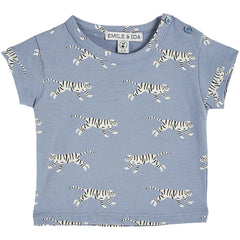 Tigers Organic Cotton Tee from Emile et Ida. Lavender-blue organic cotton tee-shirt, printed with white tigers with glasses.