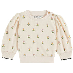 The Floral Terry Sweatshirt from Emile et Ida. Ecru terry sweatshirt, printed with mauve petal flowers.