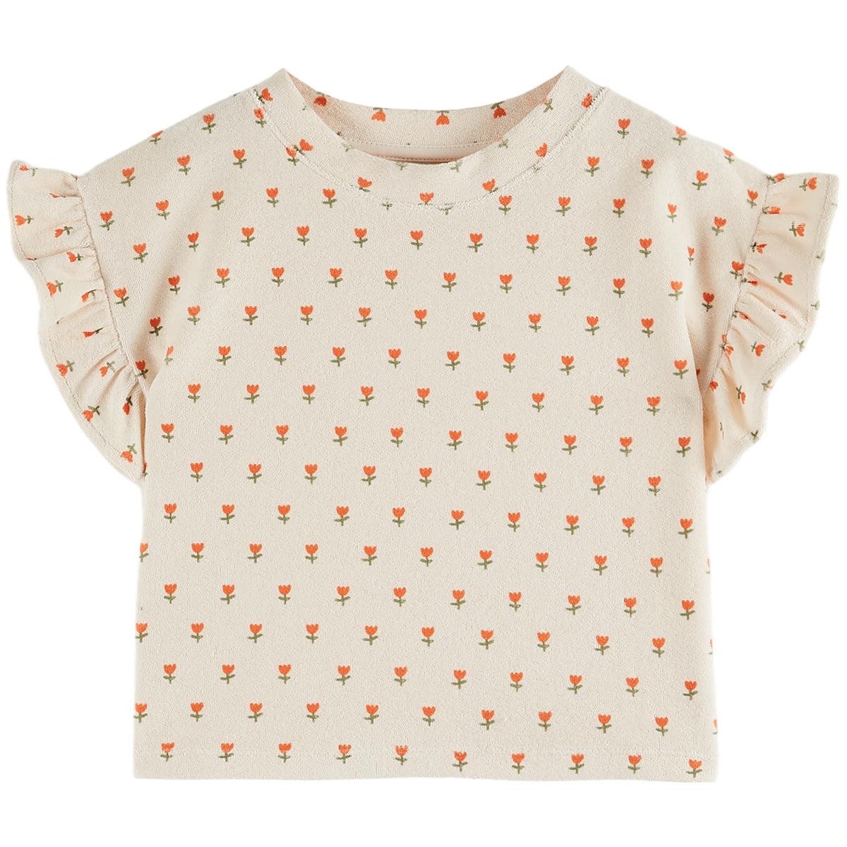The Tulip Ruffled Terry Tee from Emile et Ida. Off-white terrycloth t-shirt with vermilion-red tulips.