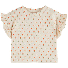 The Tulip Ruffled Terry Tee from Emile et Ida. Off-white terrycloth t-shirt with vermilion-red tulips.