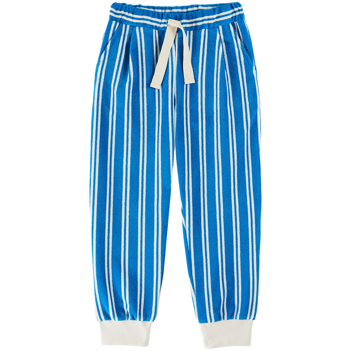 The Azure Stripes Terry Jogger from Emile et Ida. Terry jogger striped with blue and white vertical lines.