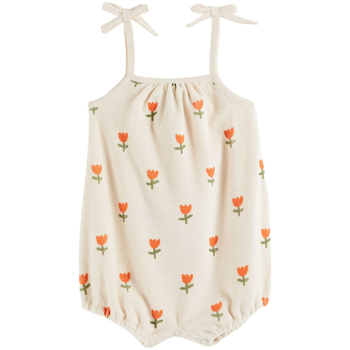 Cream Tulip Short Jumpsuit by Emile et Ida. Cream terrycloth short jumpsuit, adorned with large vermilion-red tulips.