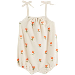 Cream Tulip Short Jumpsuit by Emile et Ida. Cream terrycloth short jumpsuit, adorned with large vermilion-red tulips.
