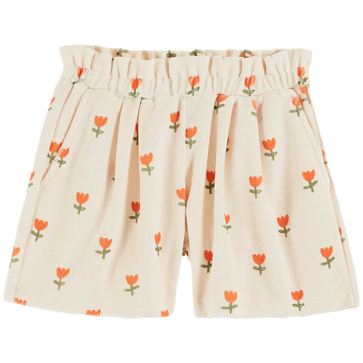 The Cream Tulip Terry Shorts from Emile et Ida. Off-white terrycloth shorts, printed with vermilion-red all-over tulips.