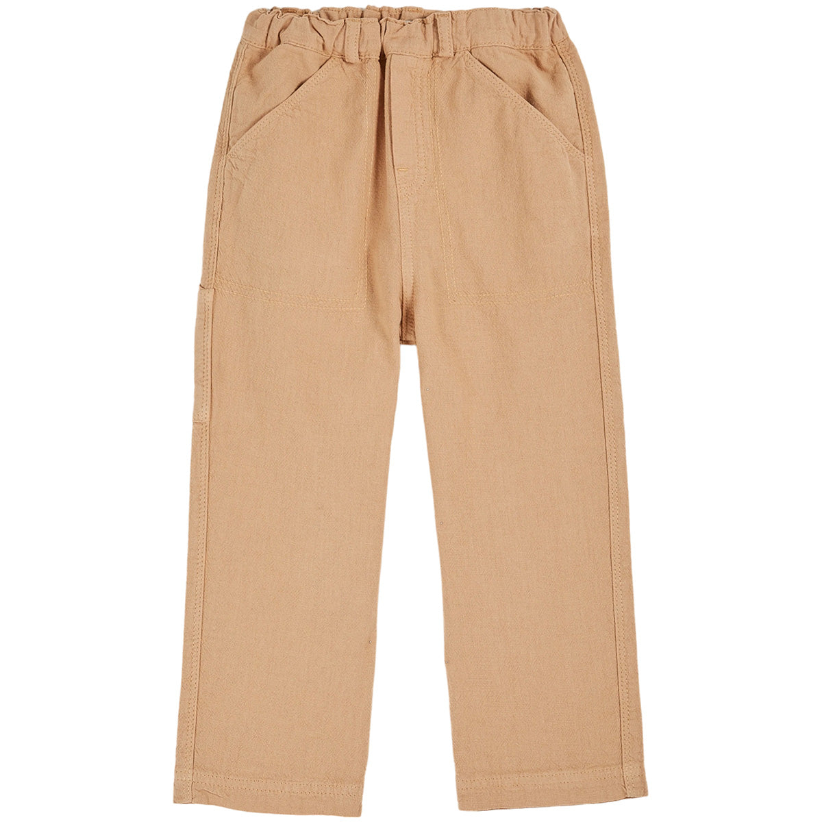 The Sesame Pants from Emile et Ida. caramel linen-cotton pants with adjustable waist, and side pockets.