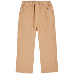 The Sesame Pants from Emile et Ida. caramel linen-cotton pants with adjustable waist, and side pockets.