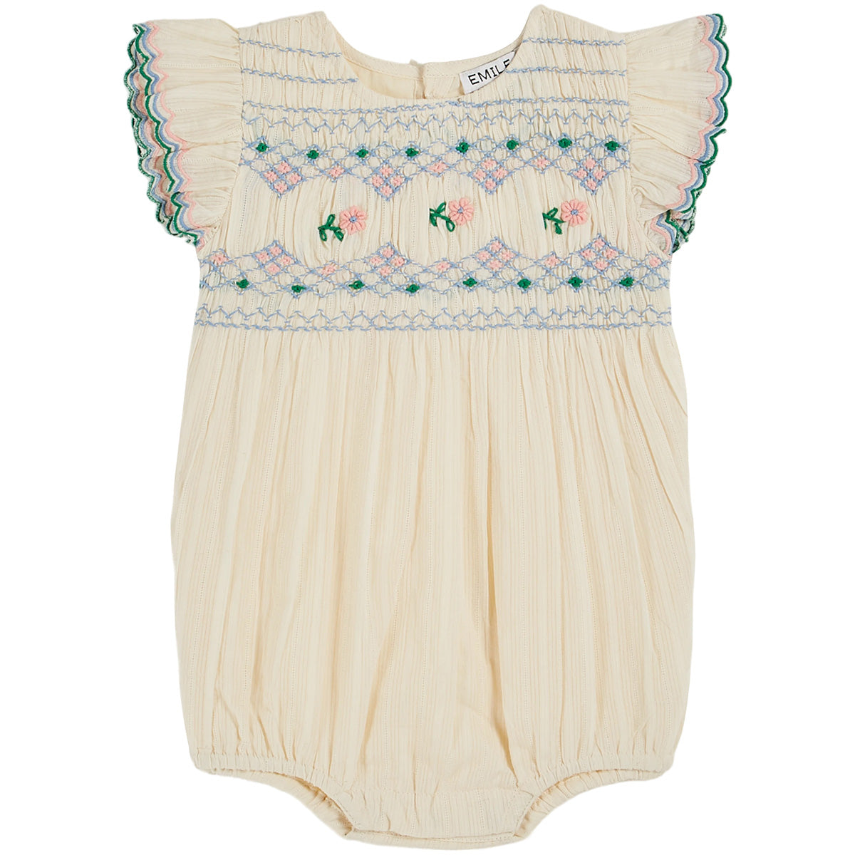 The Hand Smocked Embroidered Romper from Emile et ida. It exudes vintage charm with smocking and floral embroidery.