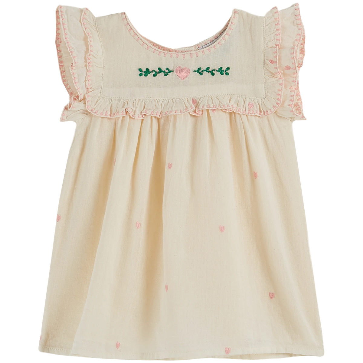 Heart Embroidered Baby Dress from Emile et Ida. A soft ecru dress with delicate hand-stitched embroidery, flutter sleeves.