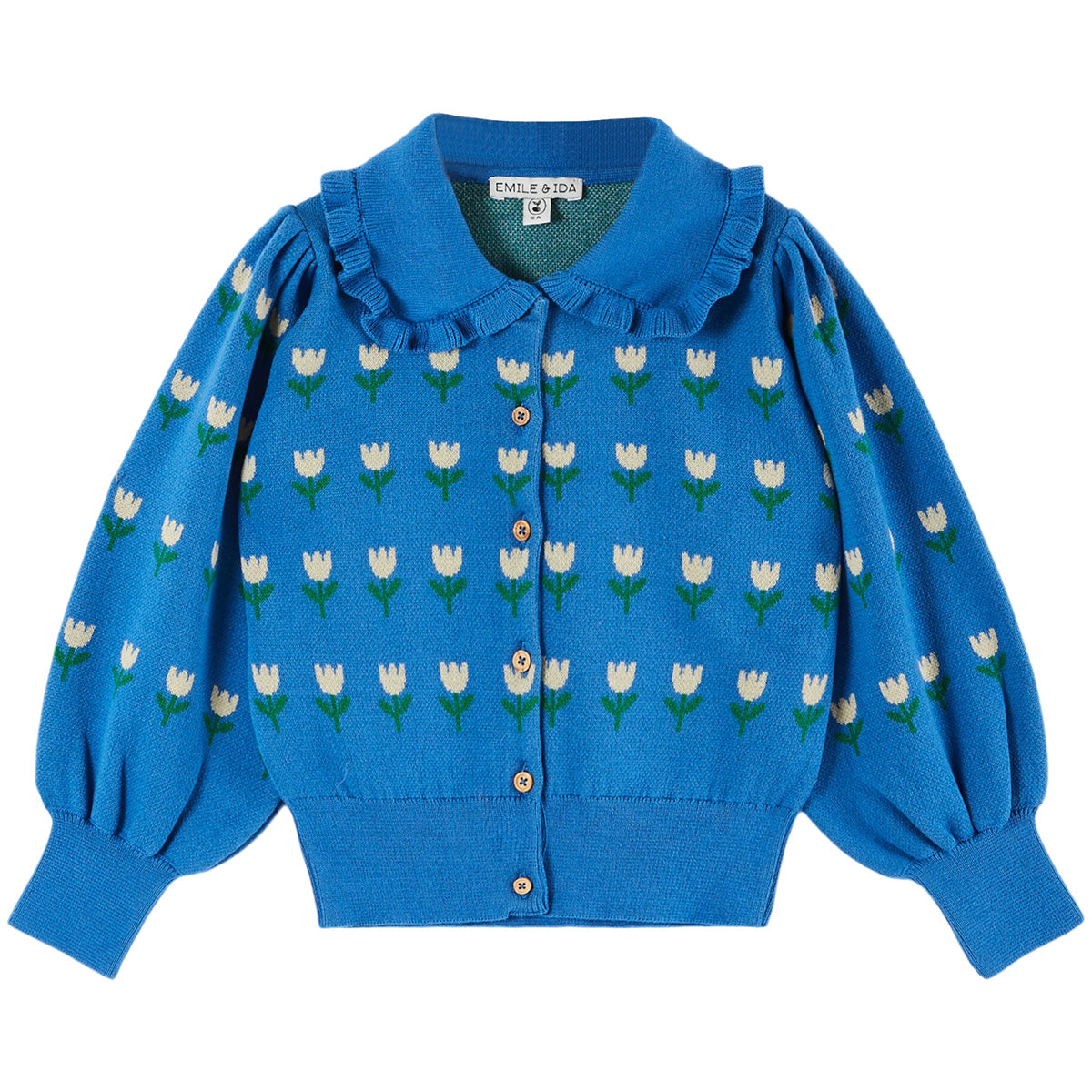 The Floral Jacquard Cardigan from Emile et Ida. Intarsia jacquard cardigan in blue organic cotton, adorned with ecru tulips.