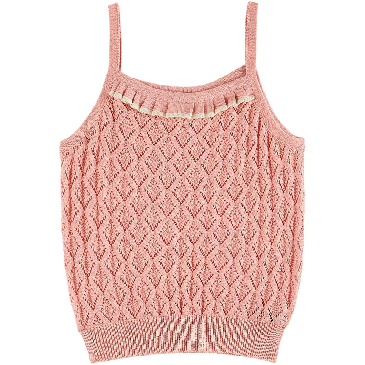 The Openwork Strapless Top from Emile et Ida. Pink cotton tank top knitted in fancy diamond-shaped stitches.