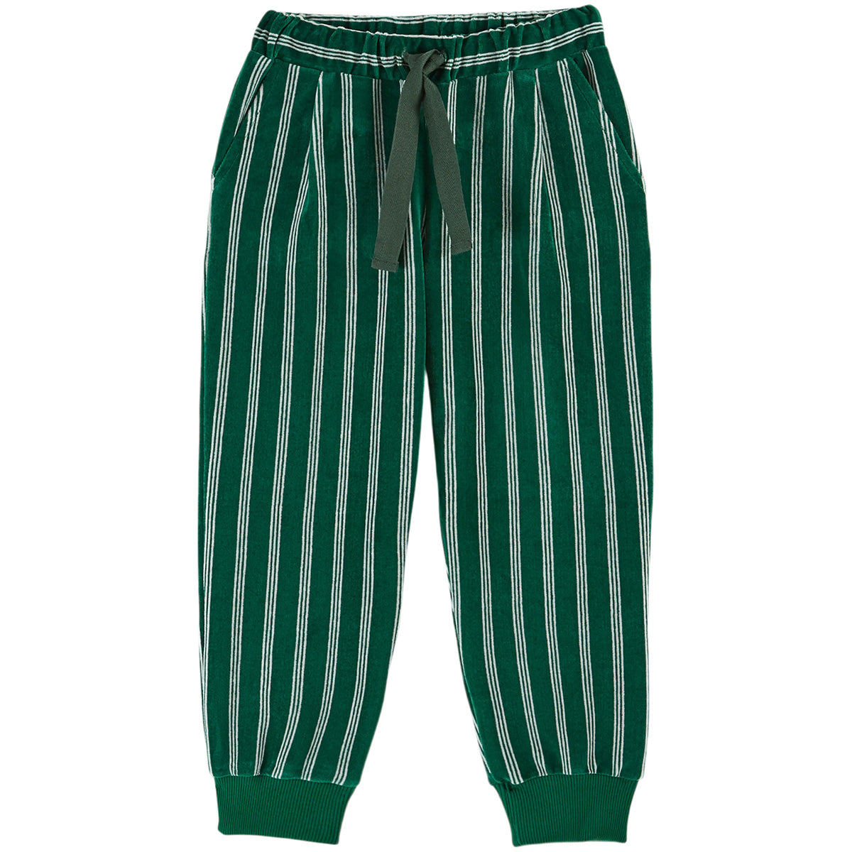 The Striped Velvet Jogger from Emile et Ida. Jogger in cotton and polyester velvet with white stripes on a green background.