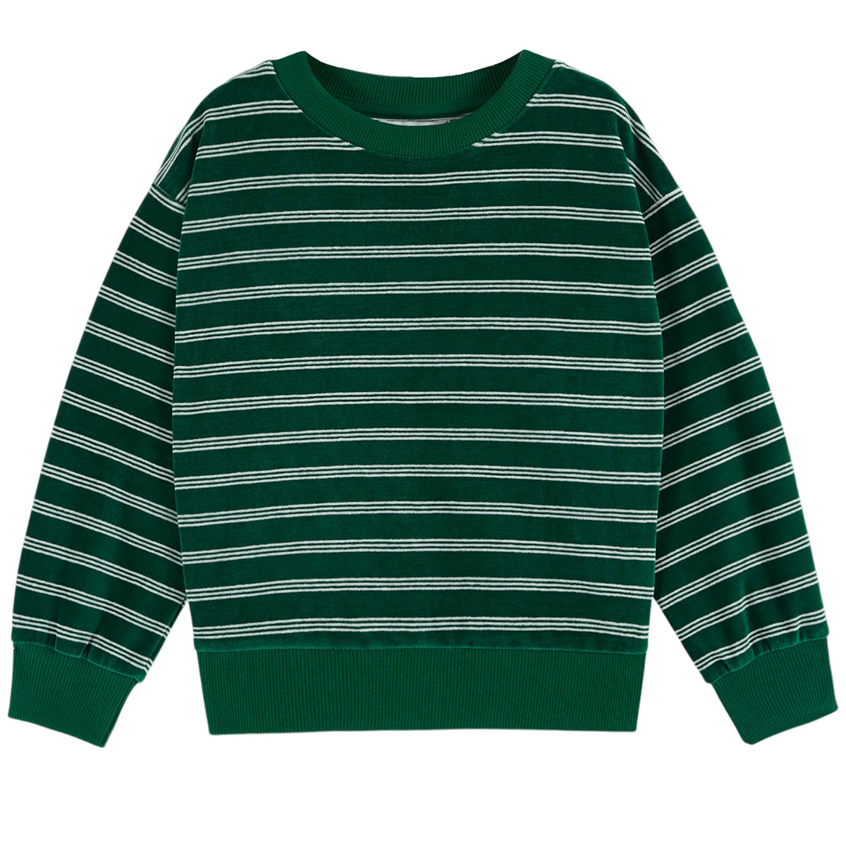 The Striped Velvet Sweatshirt from Emile et Ida. Sweatshirt in organic cotton velvet and green polyester with white stripes.