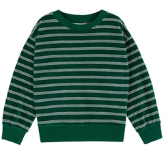 The Striped Velvet Sweatshirt from Emile et Ida. Sweatshirt in organic cotton velvet and green polyester with white stripes.