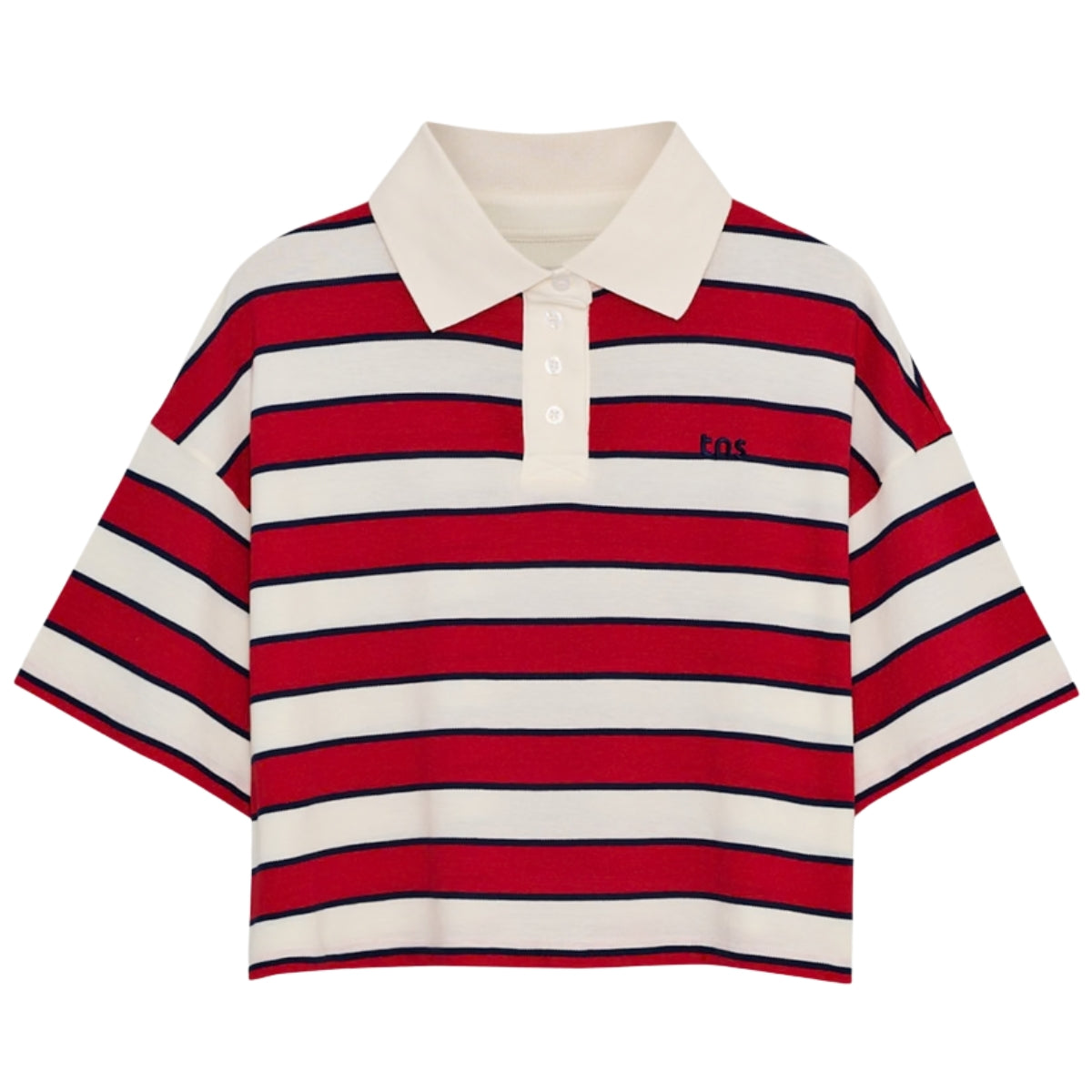 Acacia Teen Polo from The New Society with red, ecru, and navy horizontal stripes, short sleeves, and a classic polo collar