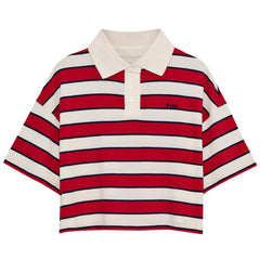 Acacia Teen Polo from The New Society with red, ecru, and navy horizontal stripes, short sleeves, and a classic polo collar