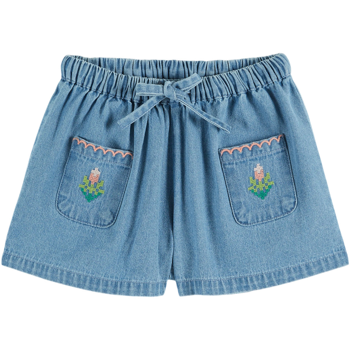 Denim Light Rose Embroidered Shorts by Emile et Ida in blue denim with elastic waist, drawstring, and floral pocket embroidery.