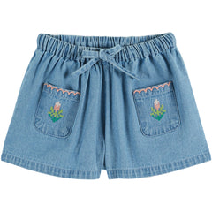 Denim Light Rose Embroidered Shorts by Emile et Ida in blue denim with elastic waist, drawstring, and floral pocket embroidery.