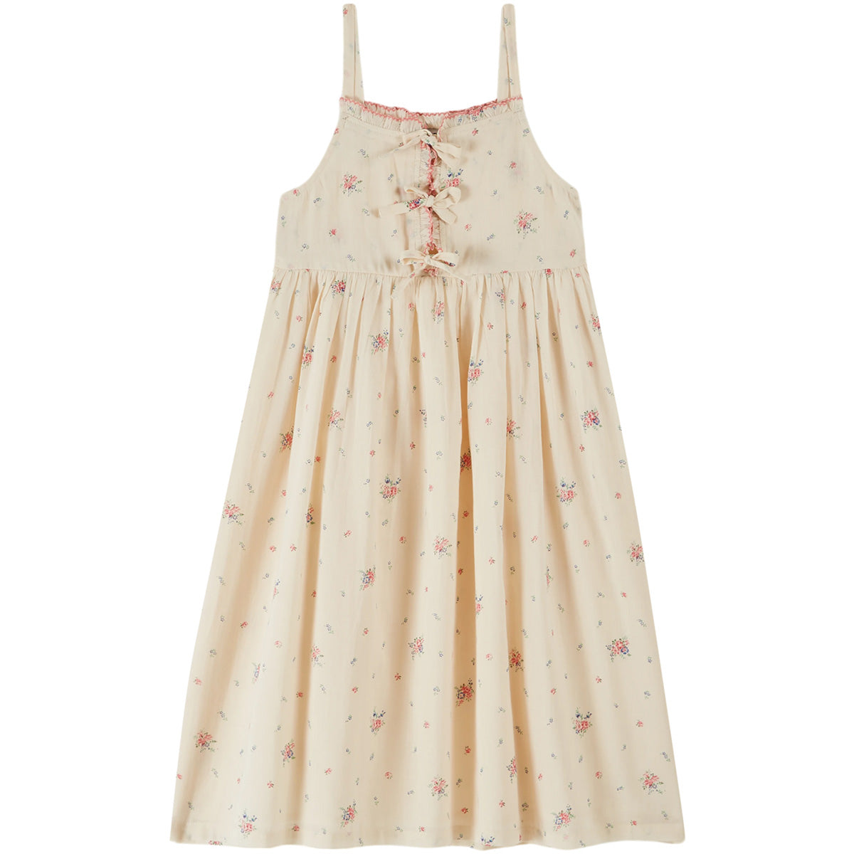 Printed Long Dress by Emile et Ida in cream with delicate floral print, thin straps, ruffle trim, and front tie detail.