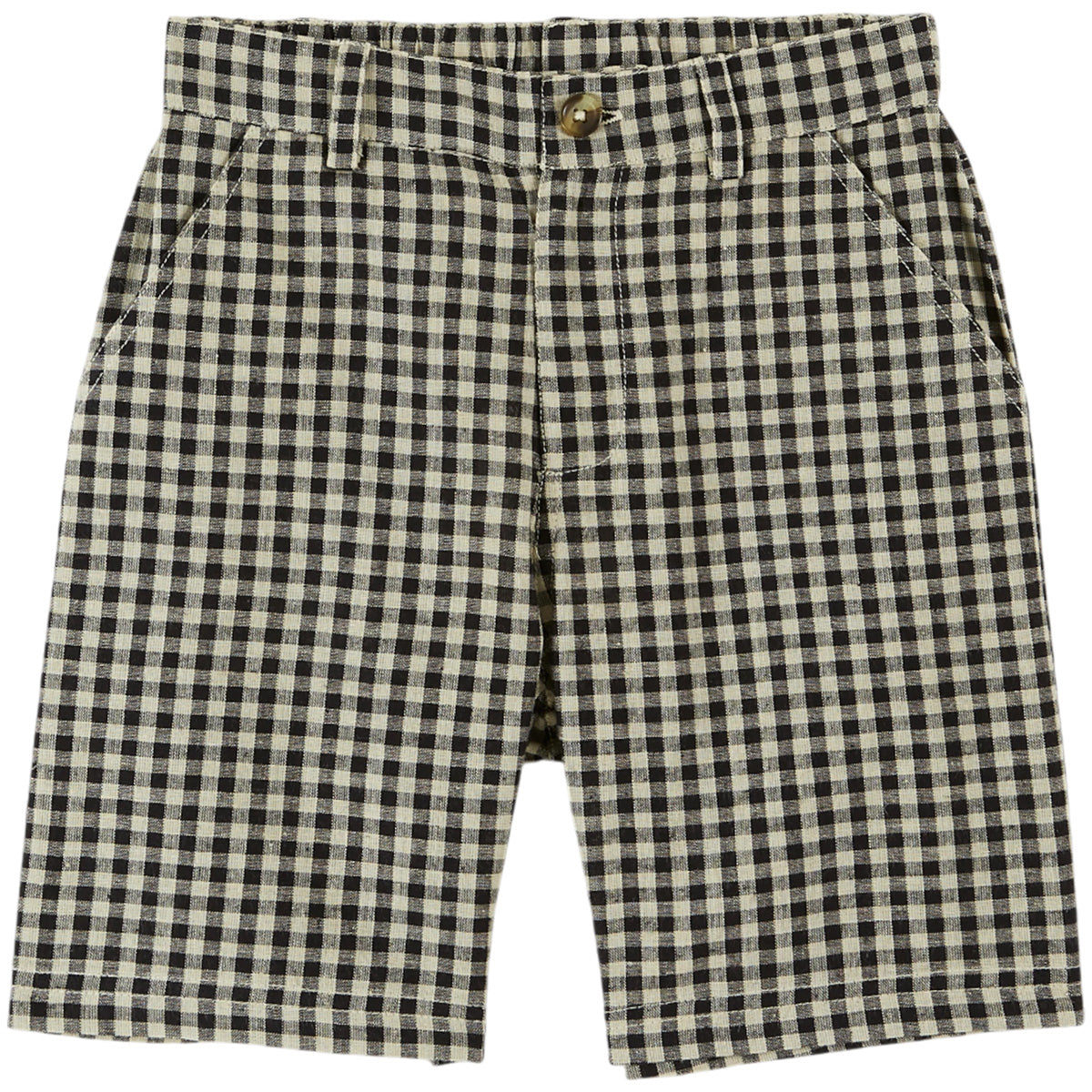 The Checked Shorts from Emile et Ida, black and cream gingham shorts with button closure, belt loops, and front pockets.