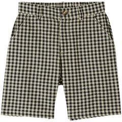 The Checked Shorts from Emile et Ida, black and cream gingham shorts with button closure, belt loops, and front pockets.