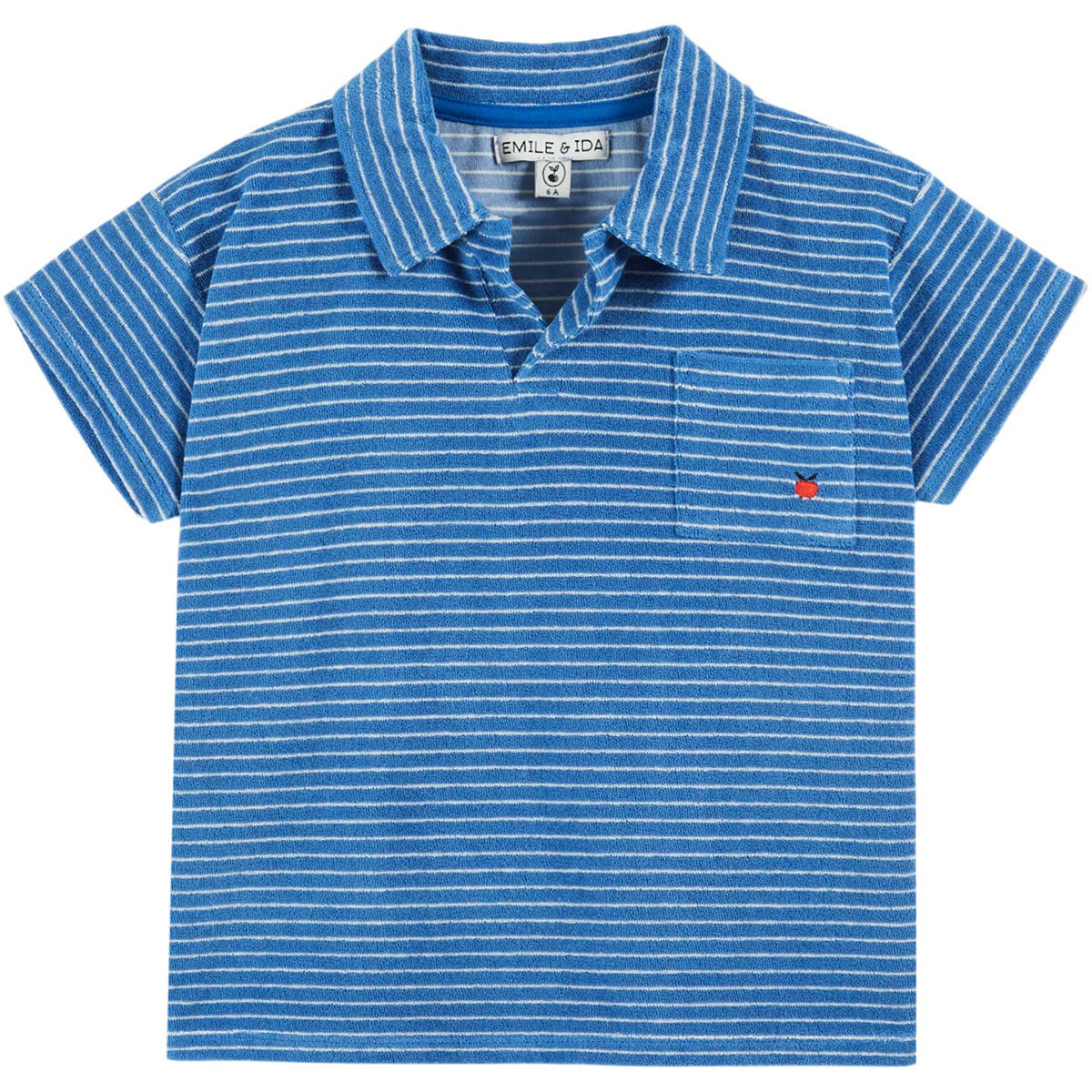 Blue striped terry polo shirt with collar, short sleeves, button placket, and chest pocket with small red embroidery